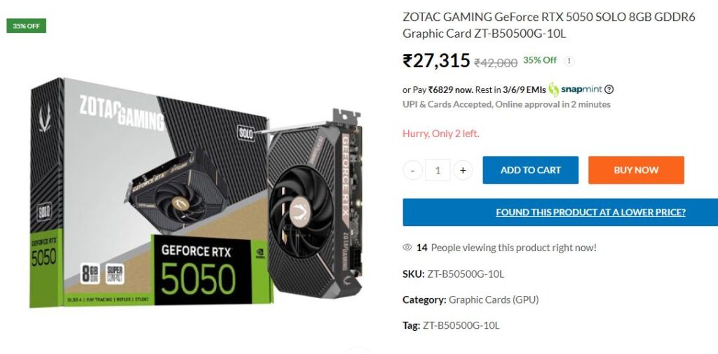 Buy ZOTAC GAMING GeForce RTX 5050 SOLO 8GB GDDR6 Graphic Card india