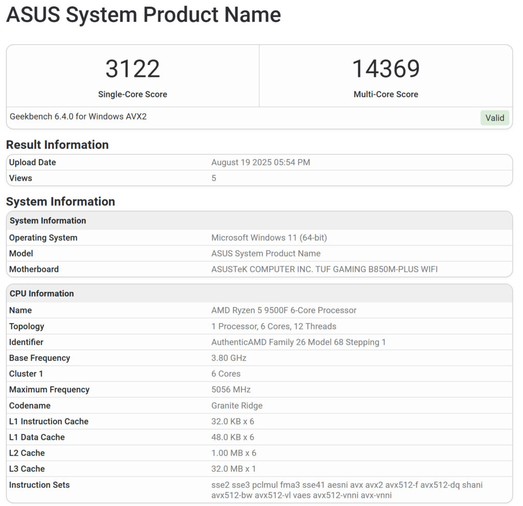 Ryzen 9500F geekbench 6 geeksynk.com